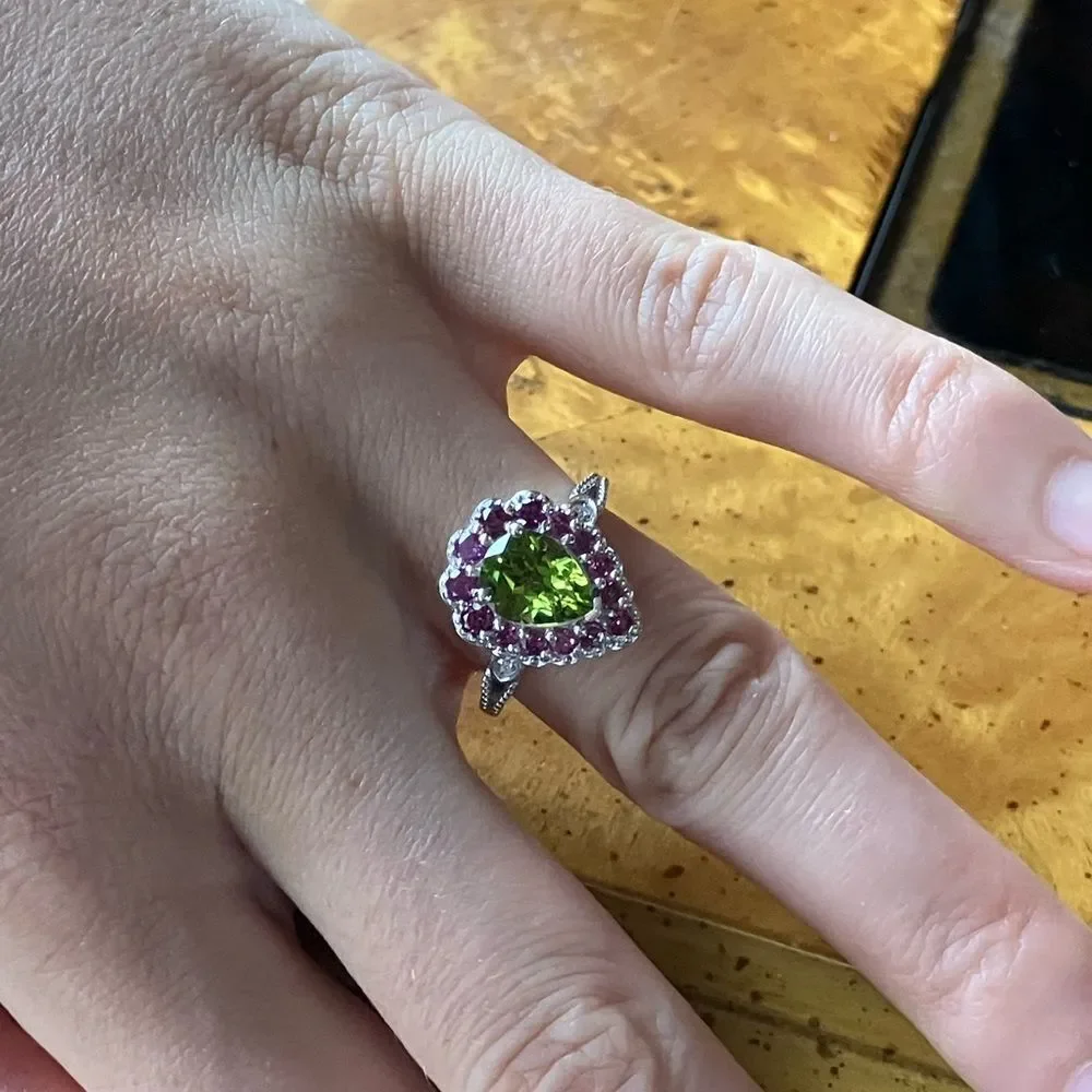 Natural Peridot Garnet Sterling Silver Ring Size 7